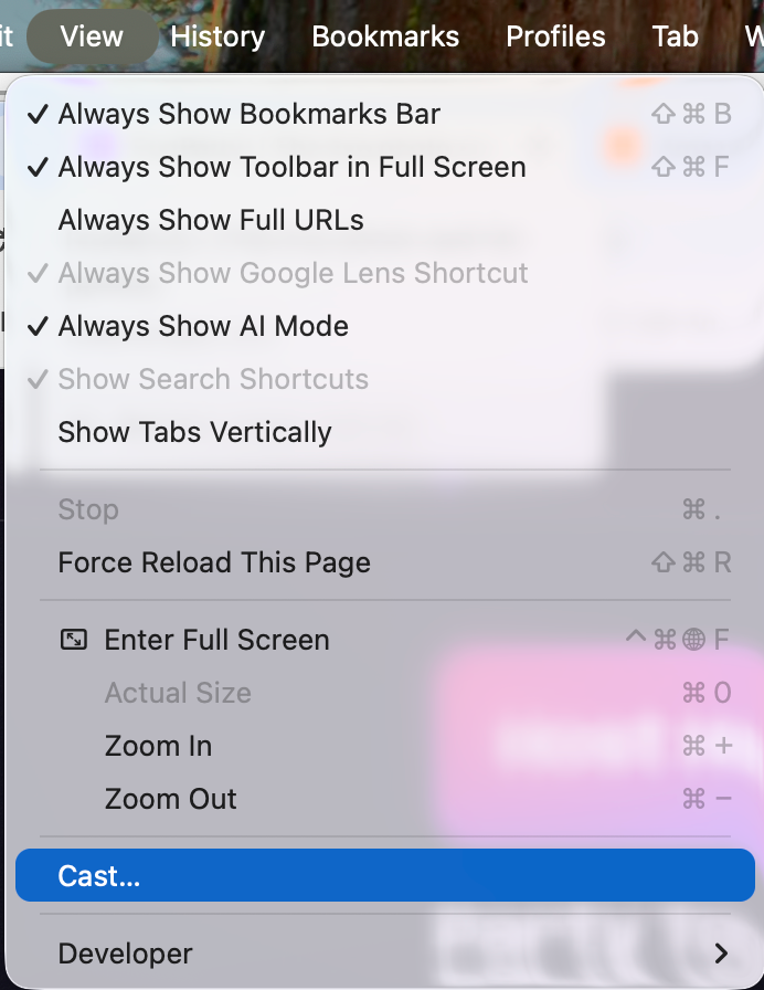Chrome on a Mac showing Cast in the View menu