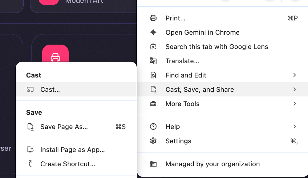Chrome menu showing Cast, Save, and Share, followed by Cast