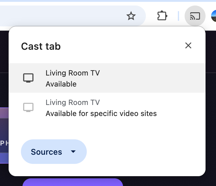 Chrome Cast tab dialog with an available Living Room TV